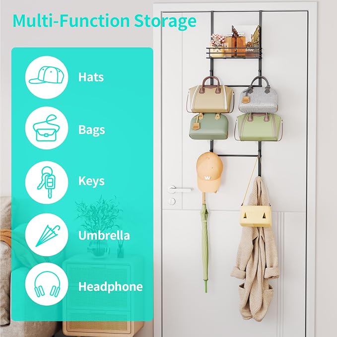 HapiRm Over The Door Purse Organizer - Wall Mounted Purse Rack with 10 Hooks and Metal Basket, Hanging Handbag Organizer Holds up to 10 Bags, Bag Rack Can Use As 1/2 Part, for Door, Closet (Black)