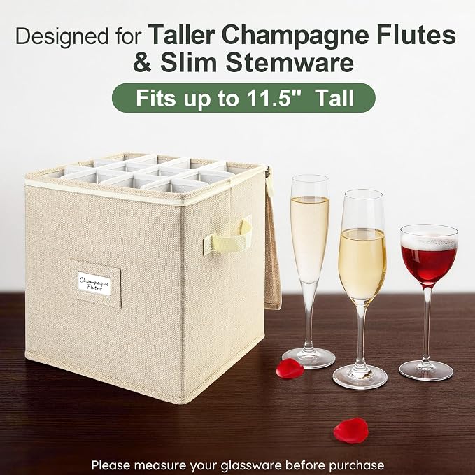 LotFancy Champagne Flute Storage Container for Moving, Hard Shell, Stackable 12" Tall Stemware Storage Box with Dividers & Handles, Wine Glass, Crystal Glassware, Drinkware Case, Beige