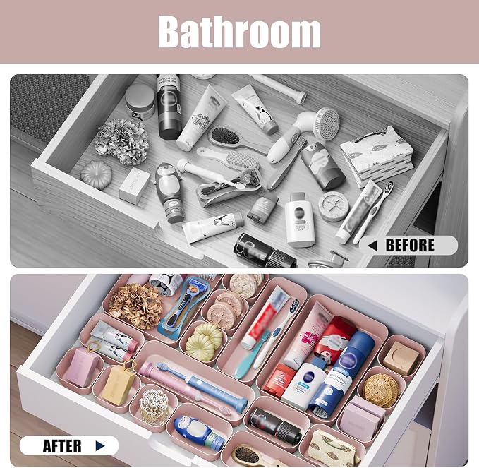 Drawer Organizers Bins 18 PCS for Bathroom Makeup Desk Office | with Non-slip Pads, 4 Sizes, Plastic Tray, Vanity Organizer, Kitchen Utensils Organizer