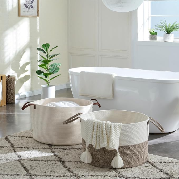 Luxury Little Extra Large Nursery Storage Basket, 22 x 22 x 14 inches - 100% Cotton Rope Baskets with Handles, Laundry Basket for Toys, Blankets & Pillows - Off White with Leather Handles