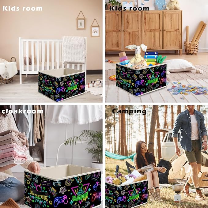 Neon Gamer Storage Bin Box with Handles, Gaming Room Foldable Organizer Basket Toybox for Teen Boys Room Bedroom Playroom Bathroom Clothes Toys Books