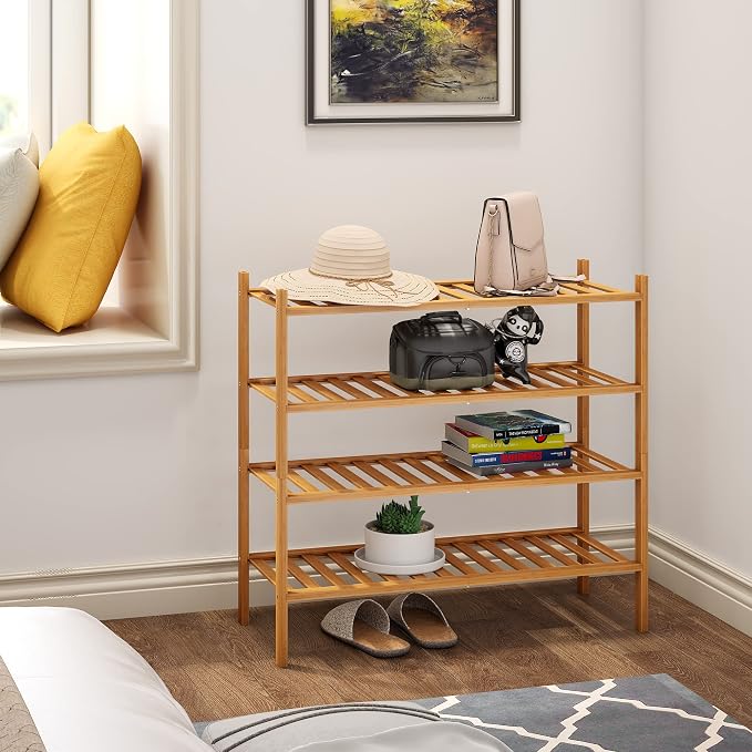 BMOSU 4-Tier Bamboo Shoe Rack Premium Stackable Shoe Shelf Storage Organizer for Hallway Closet Living Room Entryway Organizer (Natural Bamboo)