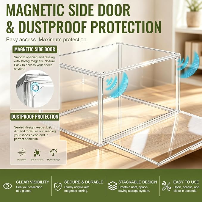 12 Clear Acrylic Shoe Box,Stackable Organizer for Everyday Footwear | Fits size 14 sneakers,casual shoes and athletic footwear.Clear acrylic design with magnetic door & dustproof storage. 12 Pack