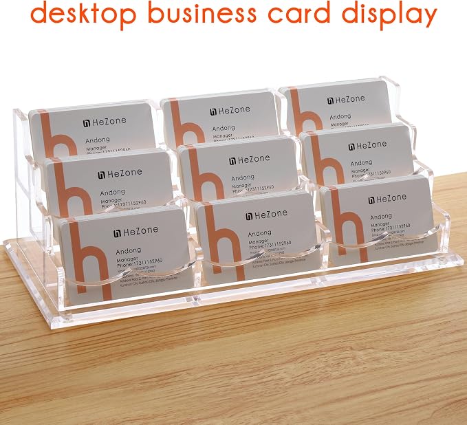 HeZone Business Card Holder for Desk, Multiple Cards Display Stand Rack for Women and Men, Clear Acrylic Card Organizer 9 Slot 3 Tiers