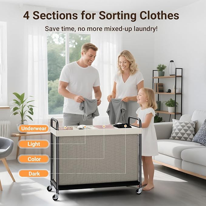 ELYKEN Laundry Hamper 4 Section, 140L Rolling Laundry Sorter with Removable Liner Bag, Laundry Basket with Wheels, Steel Frame with Metal Handle, Clothes Hamper Cart for Laundry Room & Bedroom