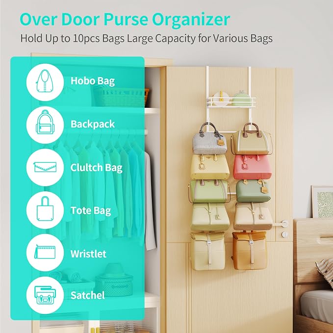 HapiRm Over the Door Purse Organizer - Wall Mounted Purse Rack with 10 Hooks and Metal Basket, Hanging Handbag Organizer Holds up to 10 Bags, Bag Rack Can Use As 1/2 Part, for Door, Closet (White)