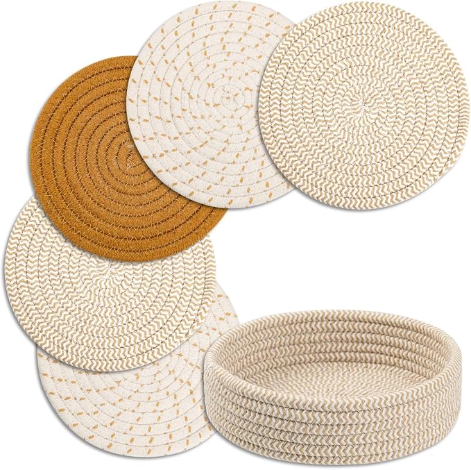 Trivets for Hot Dishes, Pots and Pans, Heat Resistant Hot Pads with Storage Basket, Pot Holders for Kitchen Countertop, Trivet Mats Home Essentials Farmhouse Decor (Brown 5 Pcs)