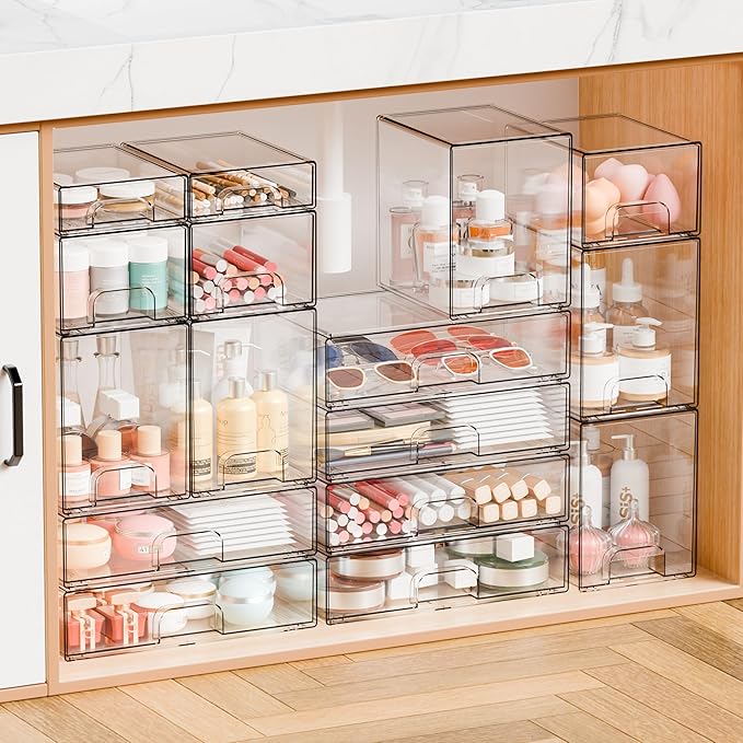 Yieach 12.1''W Clear Stackable Storage Drawers,4Pcs Acrylic Drawer Organizer for Hair Accessories,Makeup Organizers,Plastic Office Supply Organizer for Pen,Pencil,Medicine,Accessory,Craft Organization