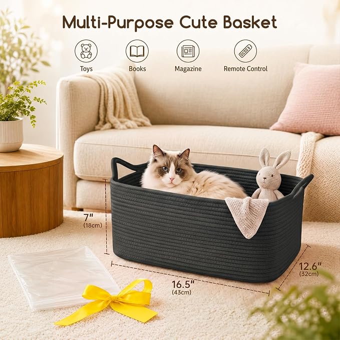 OIASKET Large Empty Cotton Rope Gift Basket with Handles, 16.5"x12.6"x7" Decorative Woven Storage Basket with Gift Bag and Ribbon Set for Baby Shower, Toy Organizer for Kids, Dogs & Cats - Black
