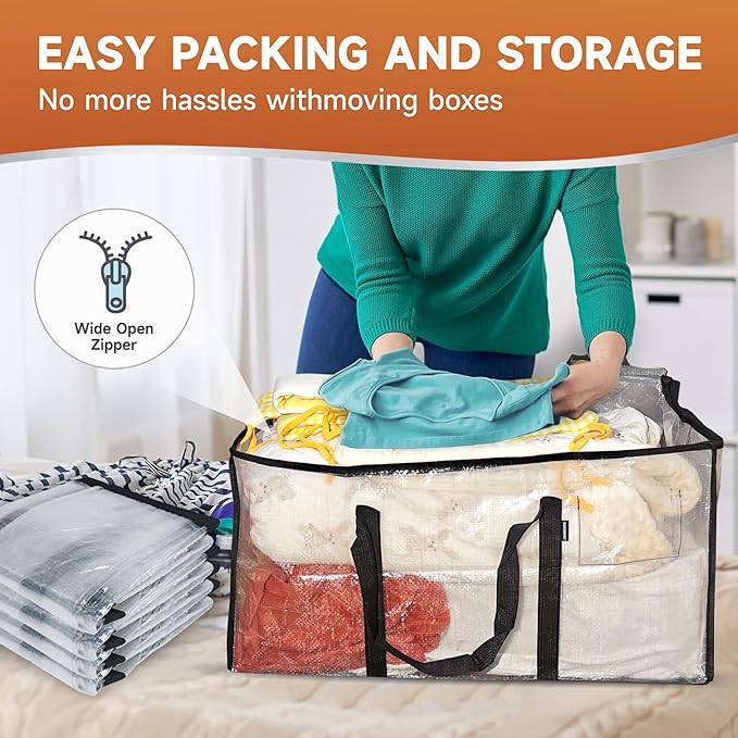 CONGREGATE 8 Pack Heavy Duty Semi-Transparent Extra Large Moving Bags, 97L/25.6Gal PP Totes w/Reinforced Handles & Metal Zippers, 28.7"x13.7"x15" Foldable Moving Boxes For Home Dorm Storage