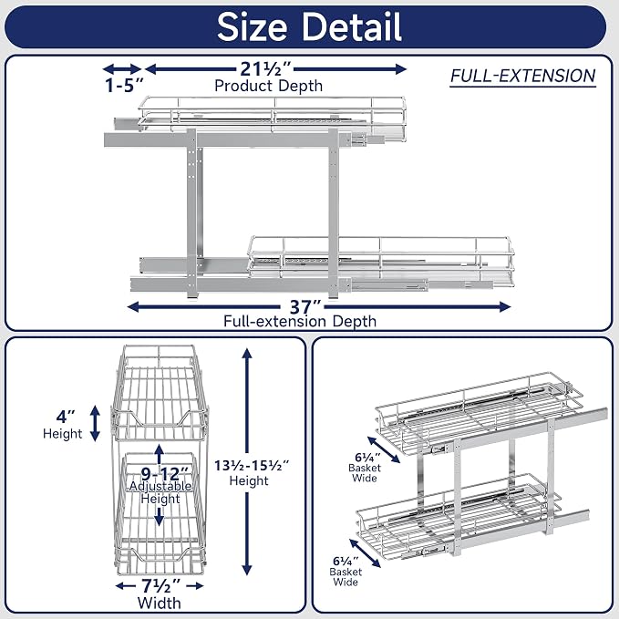 2-Tier Pull Out Cabinet Organizer, 7.5" W x 21.5" D, Heavy Duty Dual Slide Out Shelves for Narrow Base Cabinets, Chrome Wire Basket Drawer for Spices, Bottles & Snacks