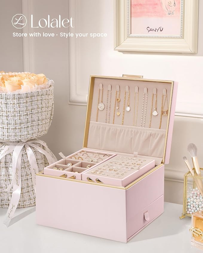 Lolalet Jewelry Box Organizer for Women Girls, 2 Layer Jewelry Organizers and Storage for Necklace Earrings Rings Bracelets, Large Jewellery Holder Case Birthday Gifts -Pink