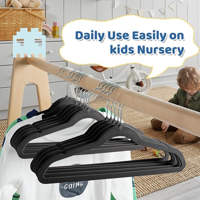 Smartor Premium 14 Inch Kids Hangers 50 Pack, Baby Velvet Hanger Non Slip | Black Space Saving Felt Hangers Clothes Organizers for Closet with 360° Swivel Hook for Children, Toddler & Teens