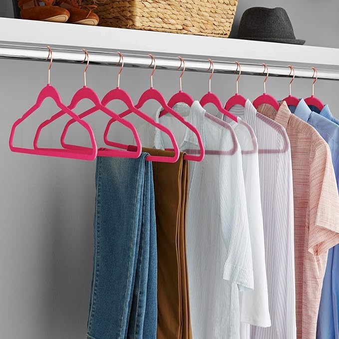 VECELO Premium Velvet Clothes Hangers Suit Heavy Duty (50 Pack)-Non Slip & Space-Saving with 6 Finger Clips & Tie Rack Excellent for Men and Women,Rose Red