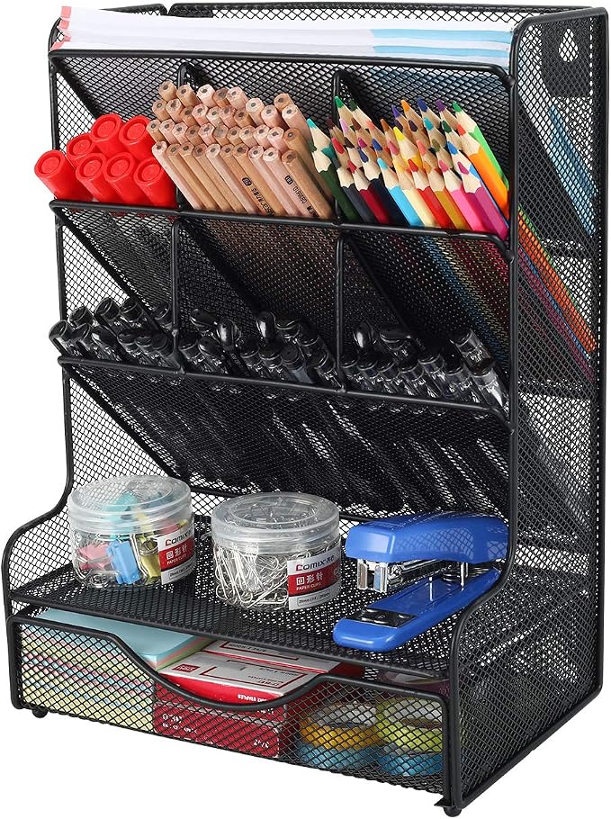 PAG Desk Organizer with Drawer Office Supplies and Accessories Storage Caddy Hanging Wall Shelf Metal Mesh Pencil Holder for Kids, 9 Compartments, Black