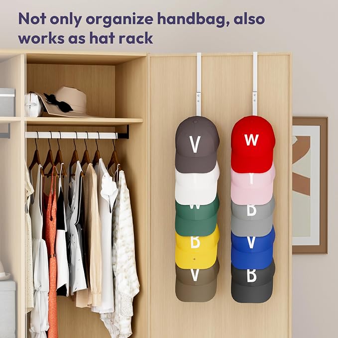 SWTYMIKI Over the Door Purse Organizer - 2 Packs Wall Mounted Purse Rack with 5 Hooks Design, Hanging Handbag Organizer Storage Holds up to 10 Bags, Bag Rack for Closet, Door (White)