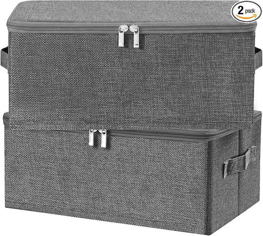 ANMINY 2PCS Storage Bins with Zipper Lids 13 Qt Lidded Fabric Storage Boxes Baskets Cubes with Handles Collapsible Washable Cotton Linen Closet Shelf Clothes Organizer Containers - Gray, Small