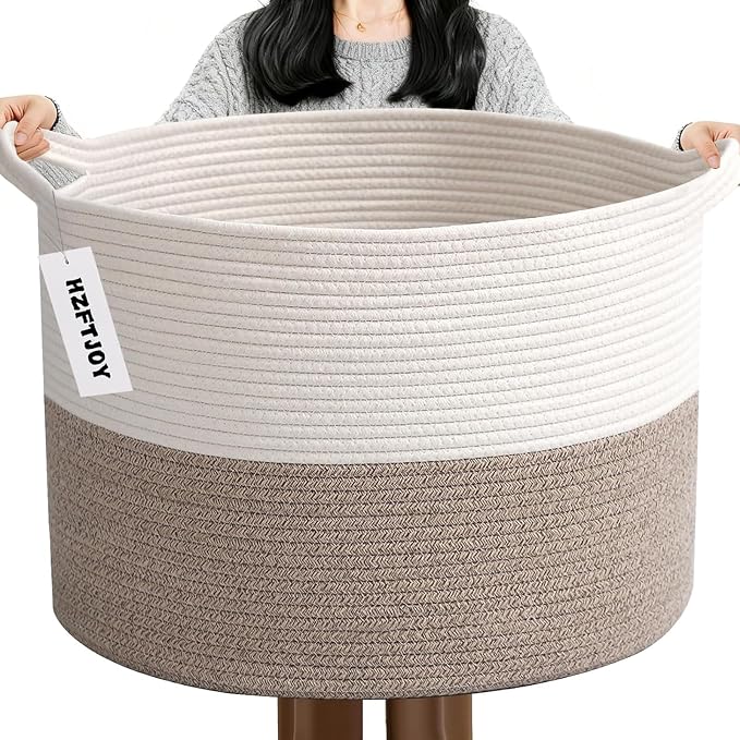 90L Extra Large Blanket Basket,Woven Rope Laundry Basket Hamper with Handles, Decorative Nursery Basket Storage Bin for Toys, Clothes Organizer, Living Room, Bedroom, Bathroom, White & Brown