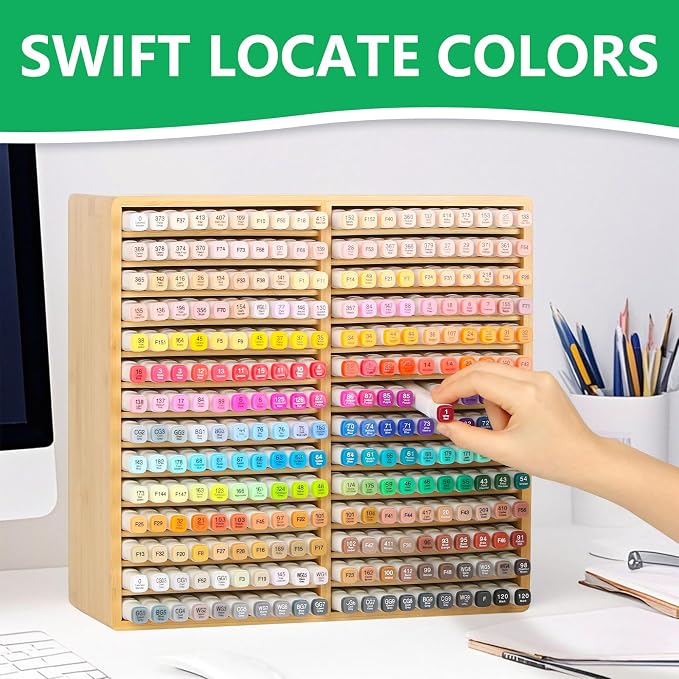 walowalo Bamboo Marker Organizer Markers 280pcs Markers Pen Holder Art Supply Pencil Storage Organizer with 28 Compartments All-in-One Marker Storage for Office Home (Holds up to 280pcs Markers)