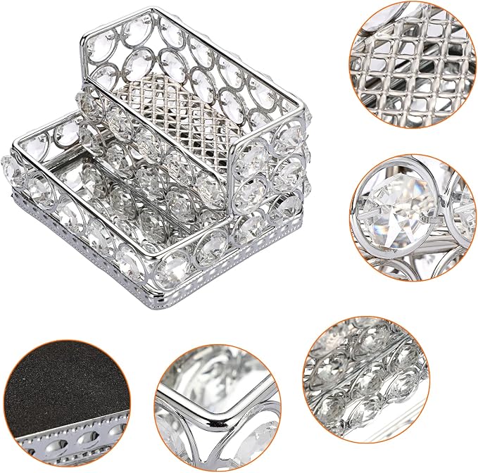 Hipiwe Crystal Business Card Display Holder for Desk with 2-Slot Organizer | Mirrored Base Business Name Cards Storage Holder for Office Countertop, Silver