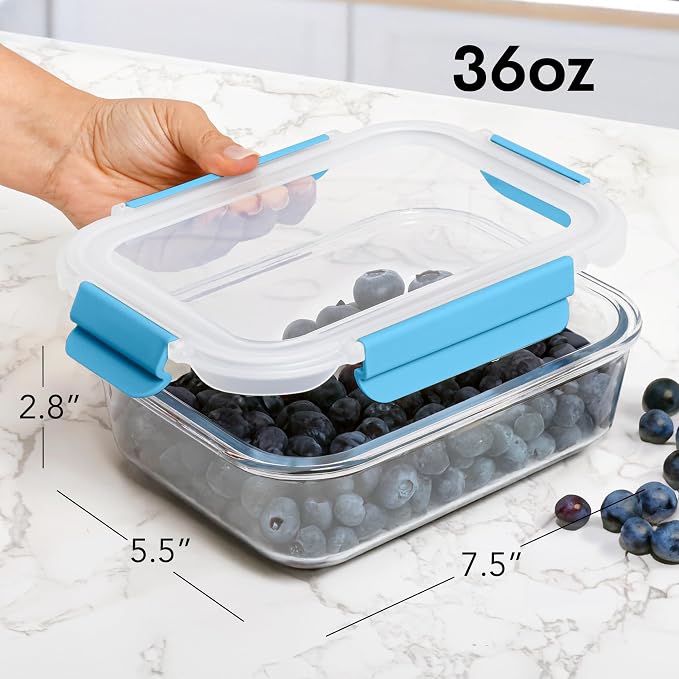 ECOBERI Glass Meal Prep Containers, 5 Piece 4.5 Cup Set, Borosilicate Glass Food Storage with Leak-Resistant Lids, Oven, Microwave, Freezer and Dishwasher Safe