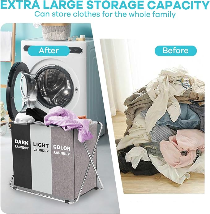 150L Laundry Cloth Hamper Sorter Basket Bin Foldable 3 Sections with stainless steel Frame Washing Storage Dirty Clothes Bag for Bathroom Bedroom Home Storage Basket (Black+Gray+Coffee)