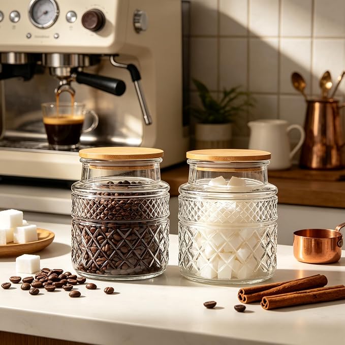 Prettidecor Glass Storage Jar, 38 FL OZ, Food Canisters with Bamboo Lid, Kitchen Containers Decorative Airtight Glass Jars For Cereal Nuts Snack Candy Cookies Coffee Tea