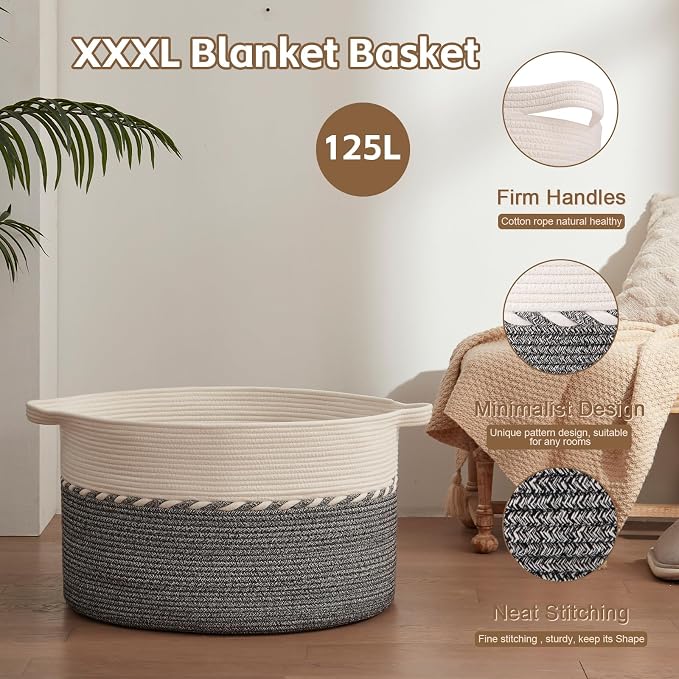 OIAHOMY 125L Extra Large Blanket Basket, 25" x 16", Jumbo Laundry Hamper, Cotton Rope Basket with Handles,Baby Toy Storage Bins,Black