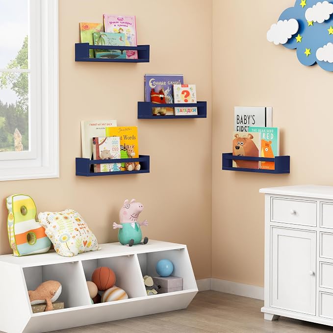Forbena Navy Blue Floating Nursery Book Shelves for Kids Room Wall, Decorative Wall Bookshelf for Baby Boy Bedroom, Small Wood Hanging Bookshelves Wall Mounted for Little Boys Room Bathroom (Set of 4)