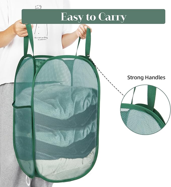 Durable Collapsible Laundry Baskets, Tear-resistant Pop Up Hamper for Laundry, Foldable Clothes Hamper with Reinforced Carry Handles Handy Pocket for Laundry Room, Bathroom, Dorm or Travel Emerald