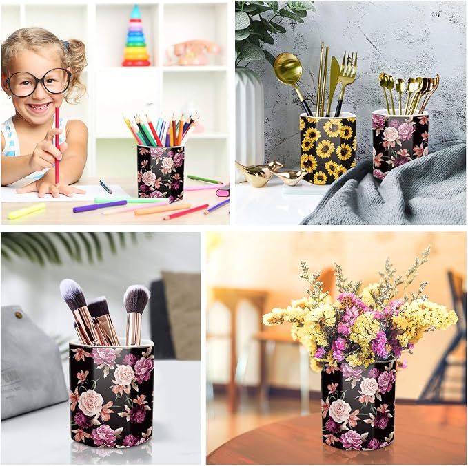 Pen Holder, Pencil Holder for Desk Floral Pattern Pencil Cup for Girls Kids Durable Ceramic Desk Organizer Makeup Brush Holder for Office, Classroom, Home, Black Flower