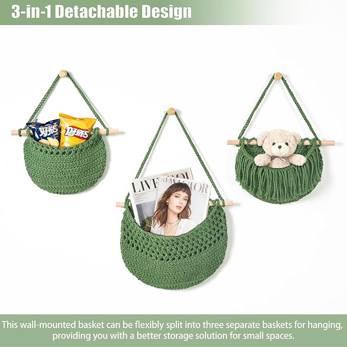Halidali 3 Tier Hanging Fruit Baskets for Kitchen, Boho Cotton Rope Handwoven Vegetable Hammock Produce Storage Wall Mounted Large Organizing Basket for Farmhouse Decor, Onion, Potato (Green)