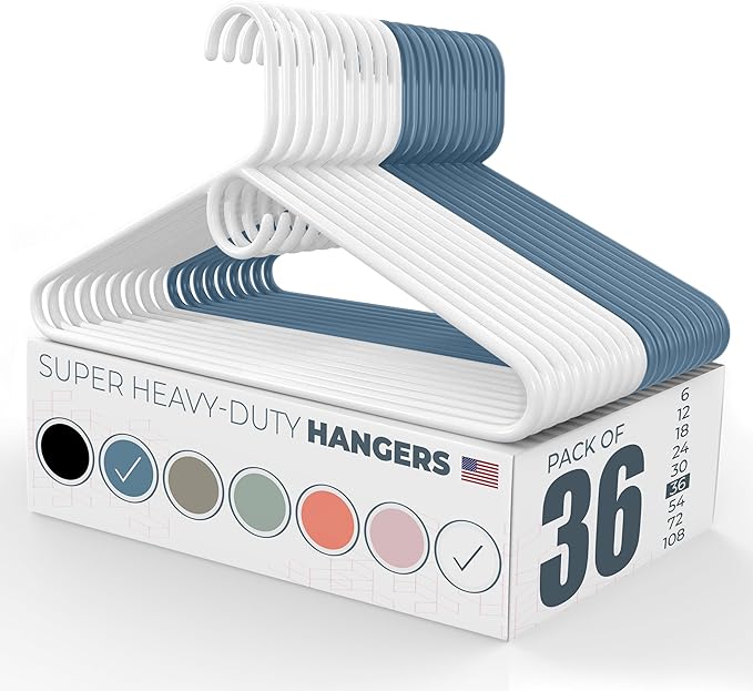 Super Heavy Duty Clothes Hangers 36 Pack – Made in the USA - 10lb Capacity, Thick Plastic Hangers for Pants, Coats, Jackets, Jeans and Adult Clothing – White & Blue