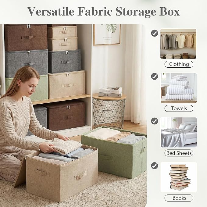 ANMINY 3PCS Storage Bins with Zipper Lids 13 Qt Lidded Fabric Storage Boxes Baskets Cubes with Handles Collapsible Washable Cotton Linen Closet Shelf Clothes Organizer Containers - Gray, Small
