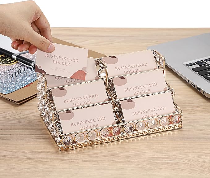 Hipiwe 3 Tiers Crystal Business Card Holder Gold Business Card Display Stand with 6 Slots Name Card Organizer for Office Exhibition Business