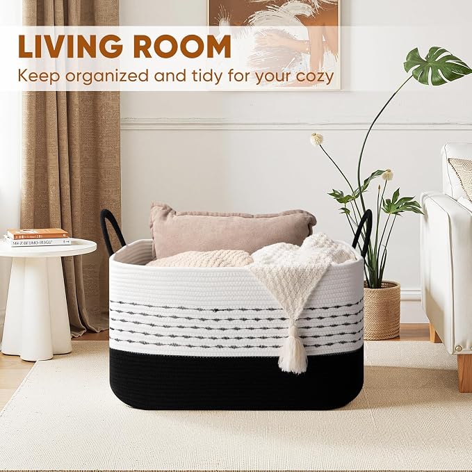 OIASKET 75L Large Cotton Rope Storage Basket, Soft Decorative Blanket Basket for Living Room & Bedroom, Boho Laundry Hamper with Handles Capable of Holding Pillows, Clothes and Toys-Black & White
