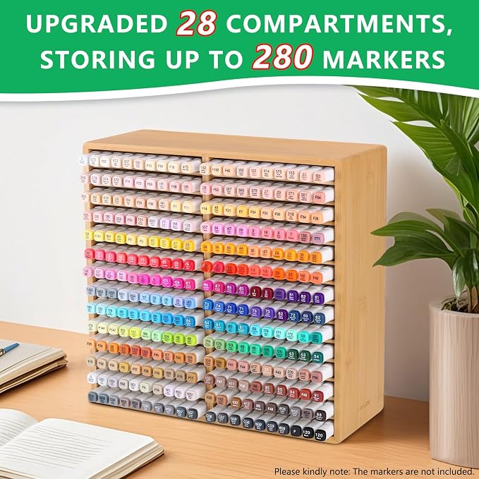 walowalo Bamboo Marker Organizer Markers 280pcs Markers Pen Holder Art Supply Pencil Storage Organizer with 28 Compartments All-in-One Marker Storage for Office Home (Holds up to 280pcs Markers)