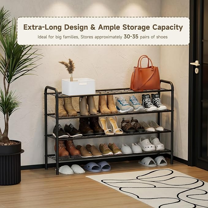 Shoe Rack,Long Shoe Organizer for Closet,Wide Shoe Storage for Entryway,4 Tier Sturdy Metal Free Standing Shoe Shelf