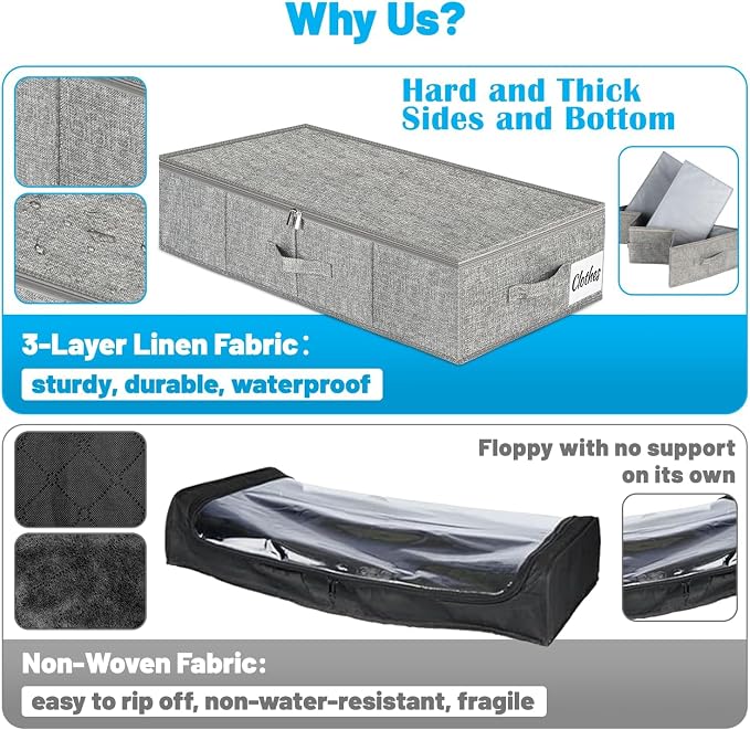 Under Bed Storage Container Bins 2 Pack, Low Profile Foldable Underbed Clothes Storage Organizer W/ Ultra Thick Fabric and Sturdy Bottom/Sides, Dual Zipper Storage Box for Dorm and Home 30x16x6.7"