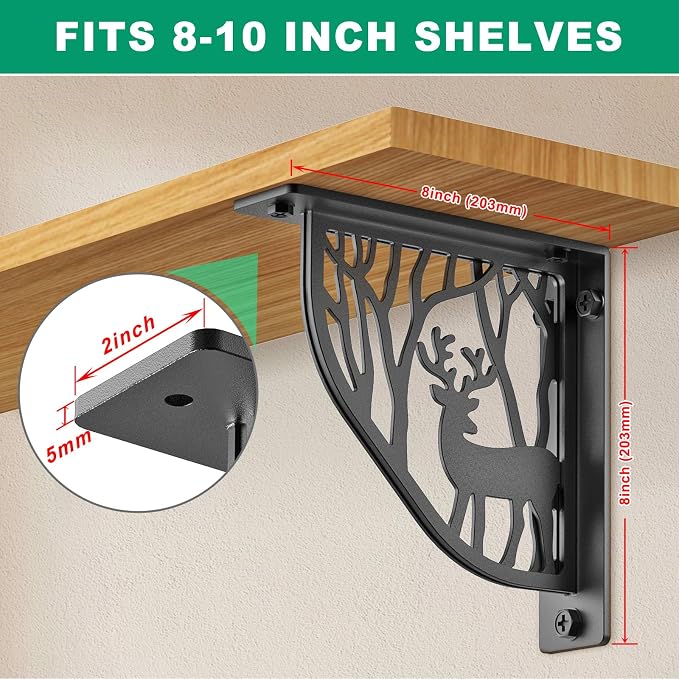 SELEWARE Black Heavy Duty Shelf Brackets, L 8" x H 8" x W 2" Wall Mount Decorative Shelving Brackets, 1/5" Thick Metal L Brackets with Mounting Hardware for DIY Floating Shelf (Sika Deer, 2 Pack)