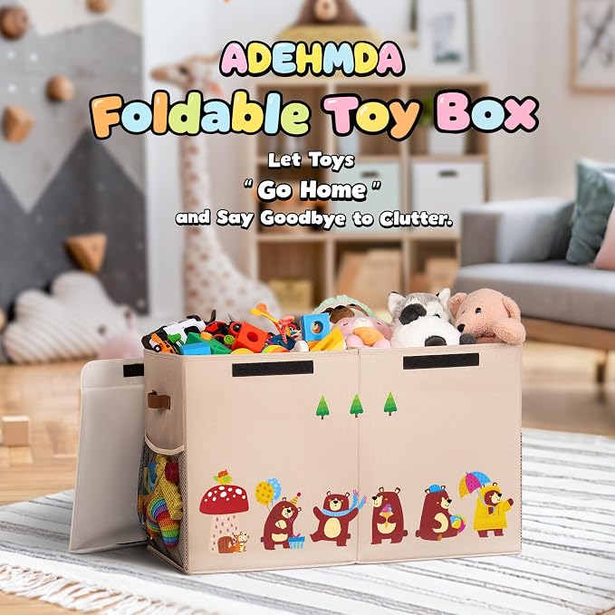 80L Large Toy Storage Box with Lid, Large Toy Box Chest for Kids, Girls and Boys, Nursery Room and Living Room, 26"x13" x16" (Dark Khaki-bear)