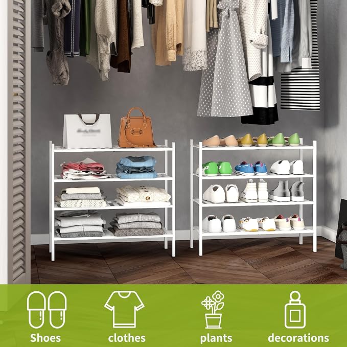 BMOSU 4-Tier Bamboo Shoe Rack Premium Stackable Shoe Shelf Storage Organizer for Hallway Closet Living Room Entryway Organizer(White Bamboo)
