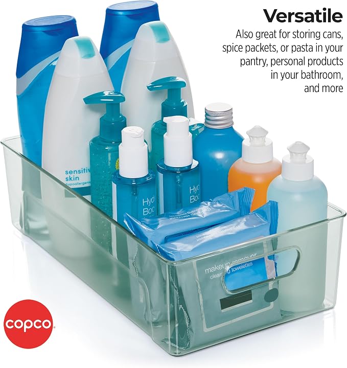 Copco Storage Bin for Refrigerator and Pantry Organizers - Clear Green Fridge Bin with Built-In Handles, 14.4 x 7.9 x 4 Inches, Kitchen and Bathroom Storage Organizer