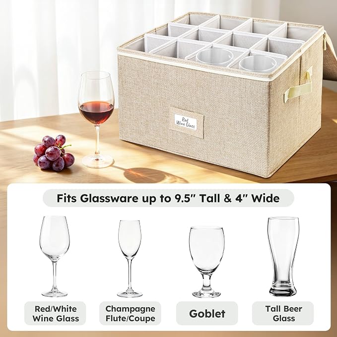 LotFancy Stemware Storage Container for Moving, Hard Shell, Stackable Wine Glass Storage Box with Dividers & Handles, Crystal Glassware, Champagne Flute, Drinkware Case, Beige