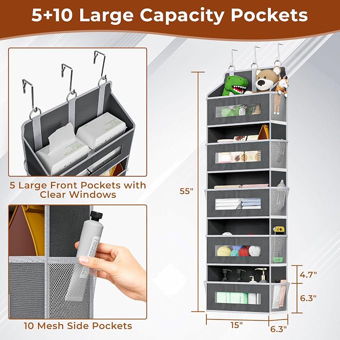 3 Pack 5 Tier Over The Door Organizer - Large Capacity Behind Door Hanging Shelves with 10 Mesh Pockets and Clear Windows, Closet Organizers and Storage for Bathroom, Bedroom, Nursery, Grey