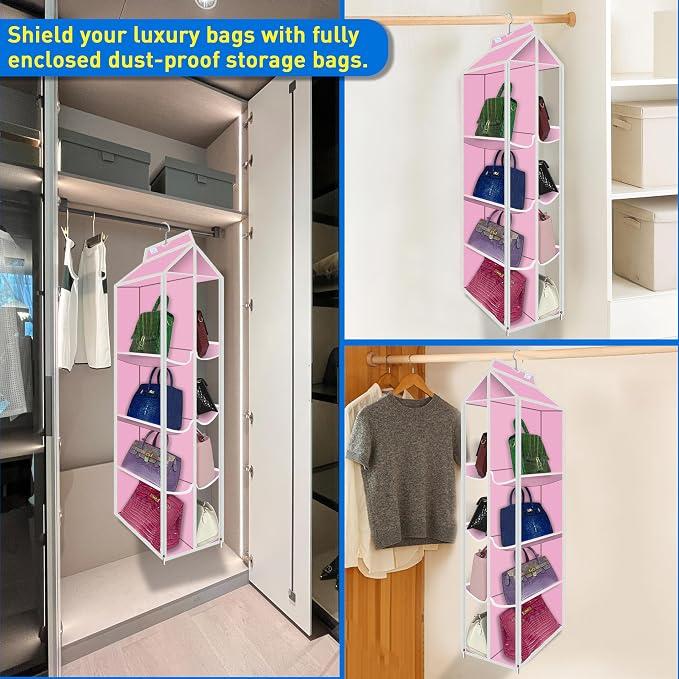 Purse Organizer for Closet, with Zippered-Dustproof, Purse Organizer, Designed for Oversized Wallets & Holds 8-16 Purses, Hanging Purse Organizer for Closet, Pink-Purse Storage