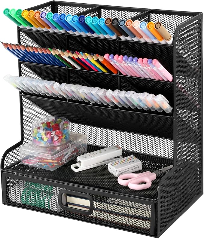 VICNOVA Mesh Desk Organizer, Pen Holder Art Supply Storage Organizer with Drawer Pen Organizer for Desk Desktop Marker Pencil Storage for Office School Home Art Supplies