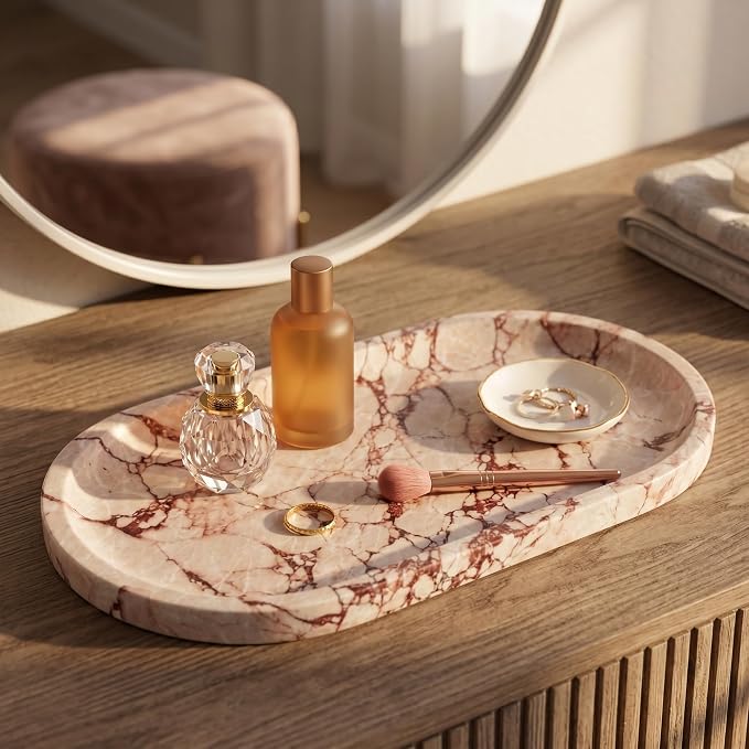 YKAJO Calacatta Viola Pink Oval Marble Tray, 11.8x5.9 Perfume Organizer | Honed natural stone; jewelry & trinket dish, ring & key holder, soap & candle catchall; bath counter, dresser, coffee table