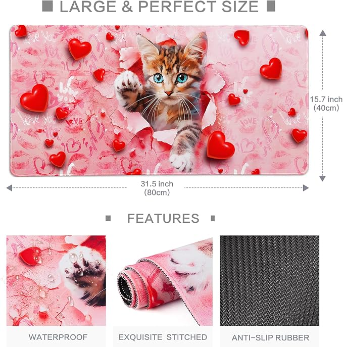 Lokigo Large Mouse Pad, Cute Pink Desk Mat for Desktop, Women Girls Waterproof Desk Mouse Pad, Love Cat Computer PC Laptop Protector Writing Pads for School Office Home 31.5" x 15.7"