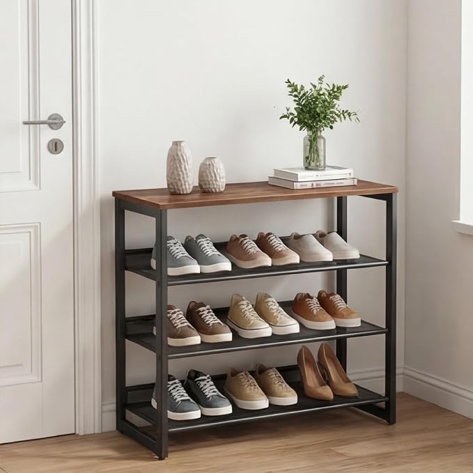 Garden 4 you Shoe Rack for Entryway 4 Tiers 11.8" D x 25" W x 28" H, Metal Shoe Rocks with Brown Wooden Tabletop, Angled Shoes Rack with Adjustable Mesh Shelves for Entryway Hallway Closet